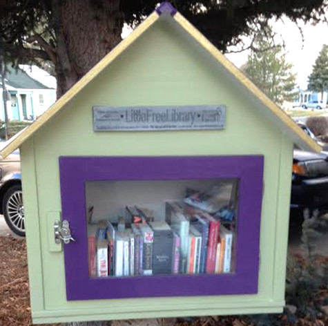Jeannie Dulaney 's Little Free Library located on 109 South Polk Avenue sits on a tree stump in her front yard.