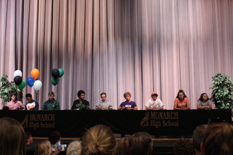 Several seniors signed with colleges across the country to continue their athletics. (from left to right) Sawyer Lofstedt, Tyler Seebaum, Connor Flynn, Isaac Green, Cayce Reese, Greg Hibl, Zach Litoff, Audrey Lookner, and Tatiana Cherry Santos