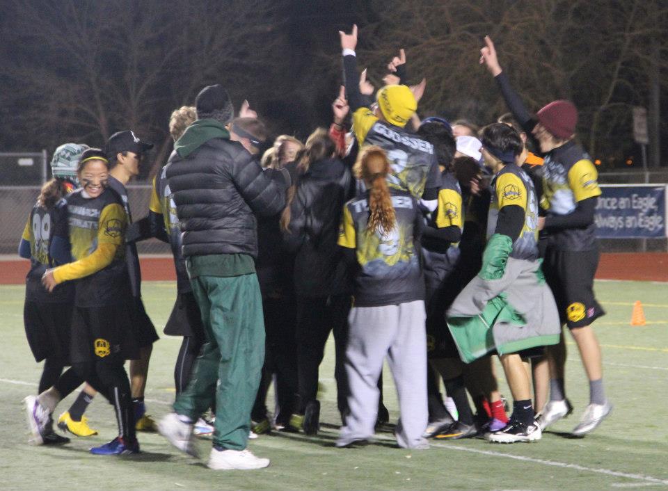 Monarch’s Ultimate Frisbee team celebrates after their 13-9 championship victory against CIVA. Monarch won the State Championship, beating off a field of 18 teams. 