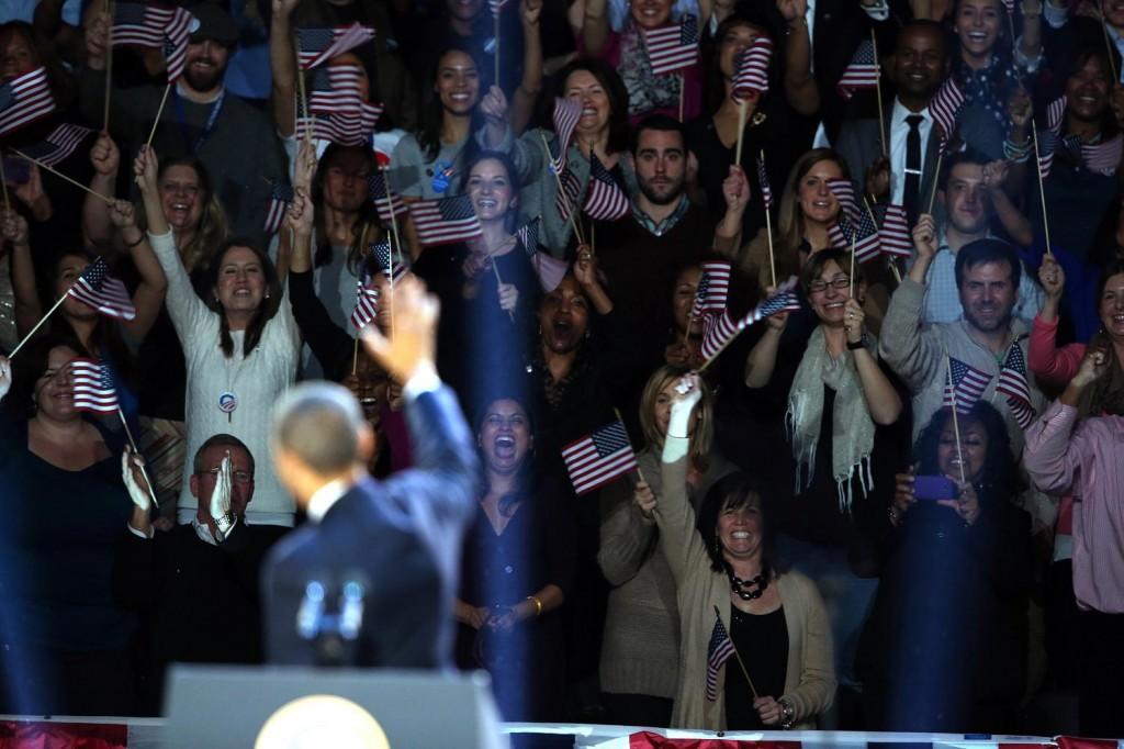 President Barack Obama waves to supporters at his election-night headquarters as he celebrates his re-election on Wednesday, November 7, 2012, in Chicago, Illinois.