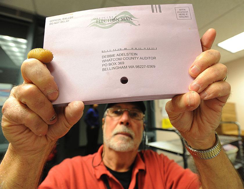 Election worker Richard Coit makes sure all ballots are removed from envelopes by looking through the hole in the middle of the envelopes at the Whatcom County Auditors office on Election Day, Tuesday, November 6, 2012, in Bellingham, Washington. 

