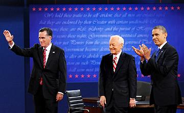 President Barack Obama, right, and Republican presidential candidate Mitt Romney, left, debated at Lynn University in Boca Raton, Florida on Monday, October 22, 2012. Bob Schieffer is the moderator.