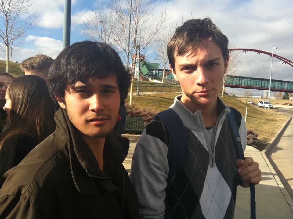Juniors Derek Aiello and Antonio Bouchard practice their serious faces at the RTD bus stop in Louisville. 