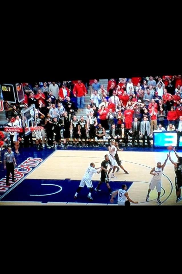 This is the freeze-frame featured on ESPNs SportsCenter of Monarch Alum Sabatino Chens shot against the Arizona Wildcats at the end of the game Thursday. The would-be game-winner did not count after the referees reviewed the instant replay. It is still impossible to definitively tell whether or not the ball left Chens fingers before the clock hit zero, but the TV shows hosts agreed that it did.