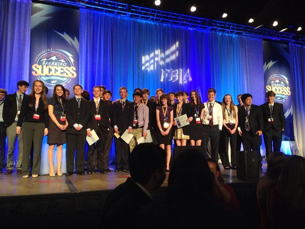 The Monarch FBLA chapter stands on stage after the awards ceremony at the  State Leadership Conference in Vail on April 23rd