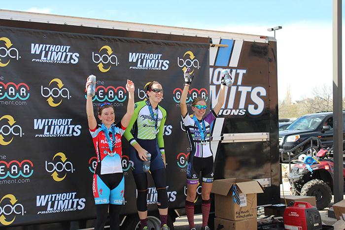Savannah Adams, Errin Vito, and Jenny Lucke receive their medals for placing in tier Cyclo X race. 