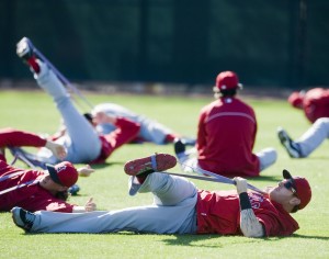 Los Angeles Angels players stretch during spring training last February 2013.