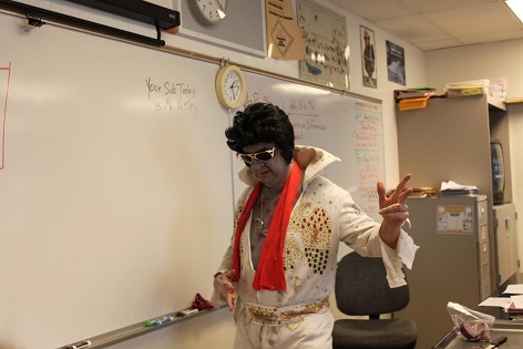 Science Laszlo Vass got zombie Elvis to sub for his class for a day and to warn kids to wear sunscreen to keep their skin from ending up like his. 