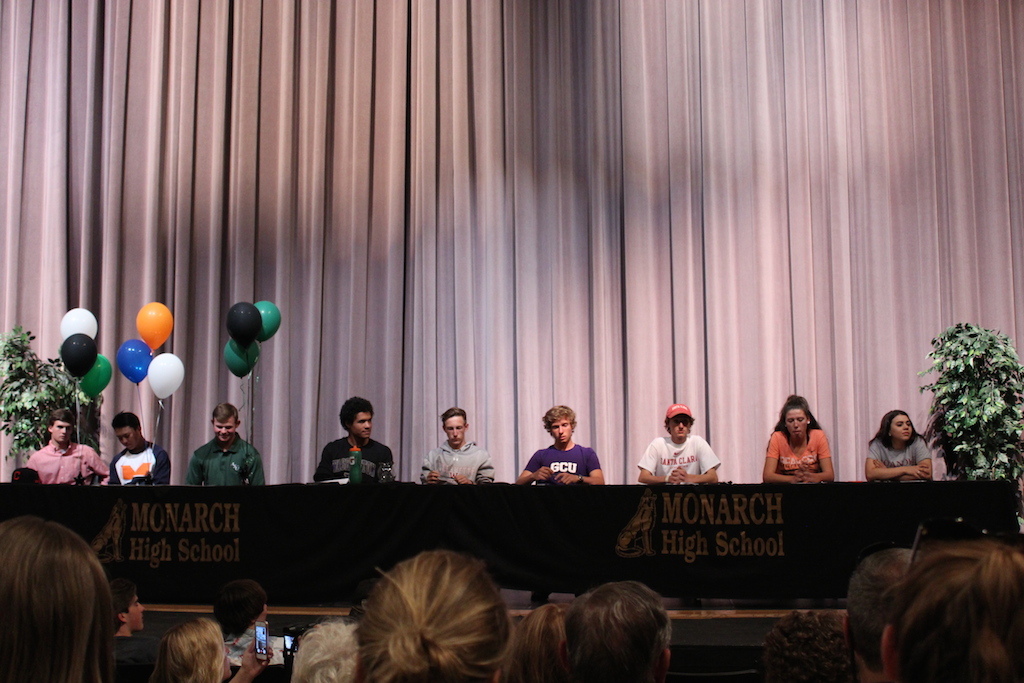 Several seniors signed with colleges across the country to continue their athletics. (from left to right) Sawyer Lofstedt, Tyler Seebaum, Connor Flynn, Isaac Green, Cayce Reese, Greg Hibl, Zach Litoff, Audrey Lookner, and Tatiana Cherry Santos 