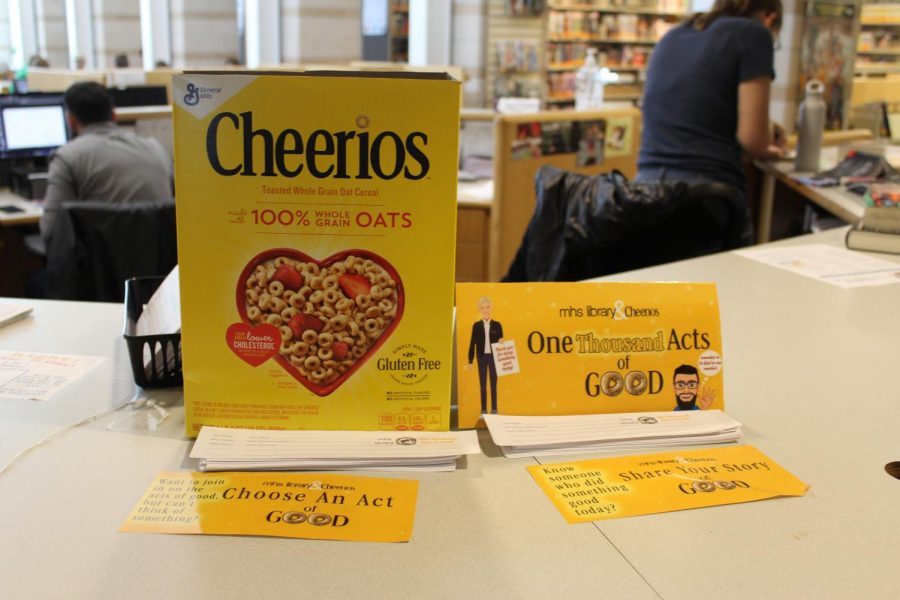The librarys cheerio box was filled with slips of paper nominating students for their Acts of Good 
